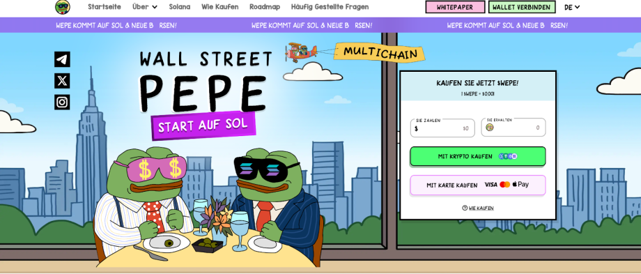 image Cartoon-Frösche in Business-Kleidung sitzen an einem Tisch mit Geld und Getränken, draußen eine Stadtlandschaft. Das Interface der Website lädt Nutzer ein, Solana-Memcoins wie SNORT und WEPE zu kaufen.