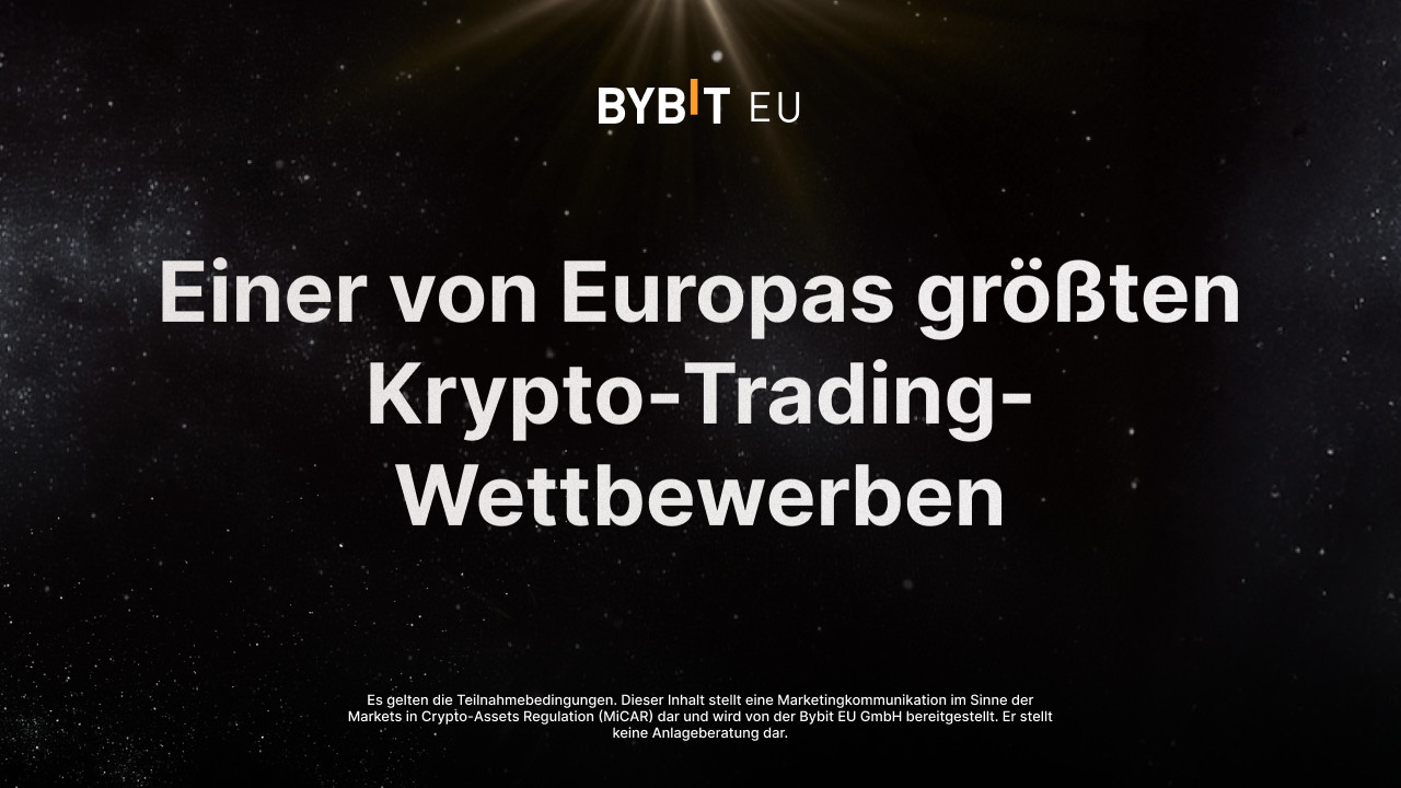 image Auf schwarzem Hintergrund mit weißem Text steht: Einer von Europas größten Krypto-Trading-Wettbewerben mit USDC Preisgeld und einem Bybit EU-Logo oben; darunter ein Haftungsausschluss in kleiner Schrift.