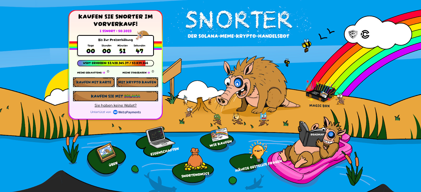 image Cartoon-Szene mit Wildschweinen am Flussufer, die Laptops und Telefone benutzen, die für Snorter werben, einen Solana Memecoins-Handels-Bot wie SNORT und WEPE, mit einer deutschen Vorverkaufs-Informationstafel auf der linken Seite.