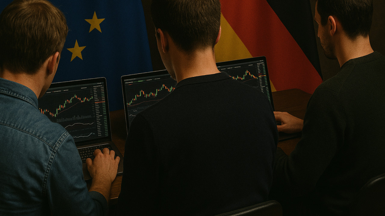 image Drei Männer sitzen an einem Tisch und arbeiten an Laptops, die Finanzcharts anzeigen; im Hintergrund sind die Flaggen der Europäischen Union und Deutschlands zu sehen, was auf einen möglichen Krypto-Trading-Wettbewerb oder eine Diskussion über USDC Preisgeld auf Bybit hindeutet.