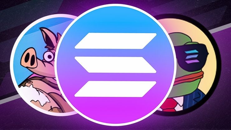 Das Solana-Logo befindet sich in der Mitte über den Cartoon-Bildern eines Schweins auf der linken Seite und eines Frosches im Anzug mit Sonnenbrille auf der rechten Seite, die vor einem violetten Hintergrund platziert sind und die beliebten Solana-Memecoins wie SNORT und WEPE hervorheben.