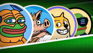 Vier Kryptowährungs- und Meme-Tieravatare im Cartoon-Stil, darunter ein Frosch, ein Schwein, ein Shiba Inu-Hund und ein Frosch mit Sonnenbrille, auf grünem Hintergrund - perfekt für alle, die Kryptos kaufen oder neue Coins entdecken möchten.