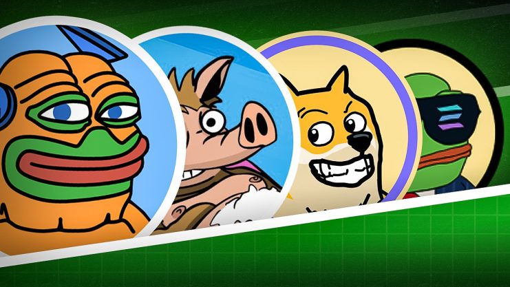 Vier Kryptowährungs- und Meme-Tieravatare im Cartoon-Stil, darunter ein Frosch, ein Schwein, ein Shiba Inu-Hund und ein Frosch mit Sonnenbrille, auf grünem Hintergrund - perfekt für alle, die Kryptos kaufen oder neue Coins entdecken möchten.