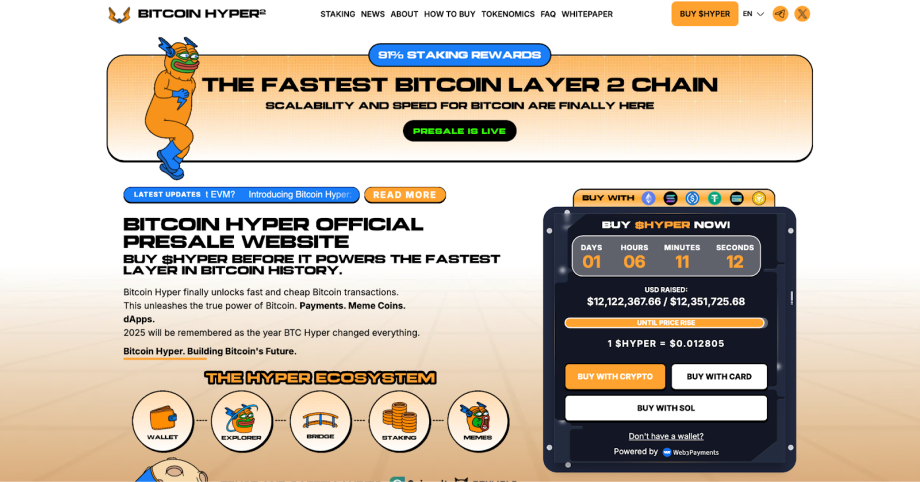 image Screenshot der offiziellen Bitcoin-Hyper-Vorverkaufswebsite mit fetter Überschrift, Countdown-Timer, Kaufoptionen und Grafiken, die die Bitcoin-Layer-2-Technologie hervorheben - ideal für alle, die im September neue Coins und Kryptos kaufen möchten.