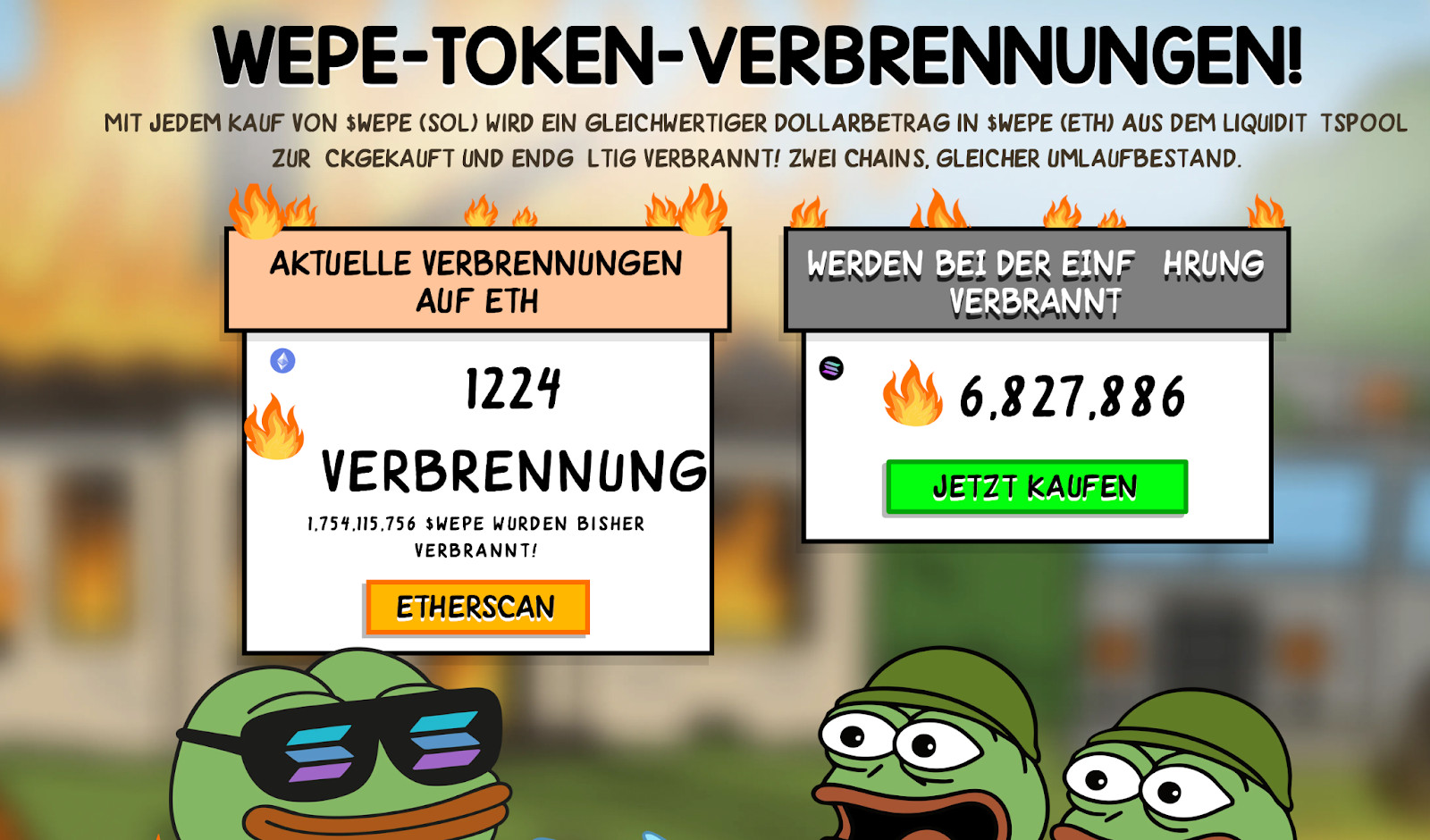 image Ein digitales Dashboard zeigt WEPE-Token-Verbrennungsstatistiken mit Cartoon-Froschfiguren und Feuersymbolen an, die die aktuellen und gesamten Token-Verbrennungen auf der Ethereum-Blockchain anzeigen - perfekt für Fans von Solana Memecoins wie SNORT.