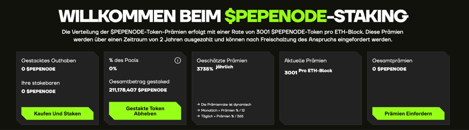 image Ein deutschsprachiges Dashboard zeigt Informationen und Aktionsschaltflächen für den Einsatz von $SPENODE-Token an, einschließlich Statistiken über eingesetzte Token, Pool-Prozentsatz, aufgelaufene Belohnungen und hebt die Mine-to-Earn-Memecoin-Funktion mit PepeNode-Integration hervor.