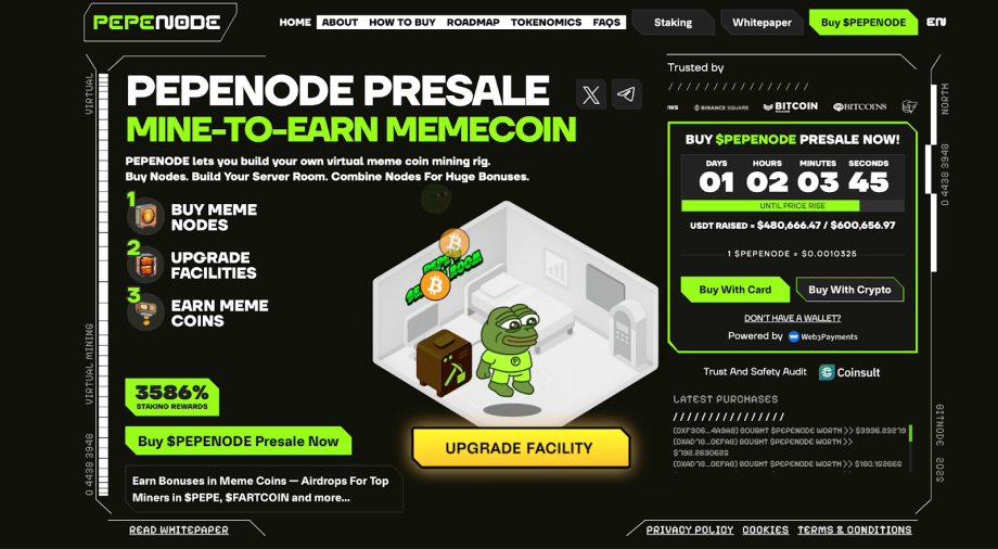 image Ein Screenshot der Website zeigt einen Vorverkauf für PepeNode, einen Mine-to-Earn-Memecoin, mit einer Cartoon-Froschfigur in einem Serverraum und Optionen zum Kauf oder Upgrade von Einrichtungen.