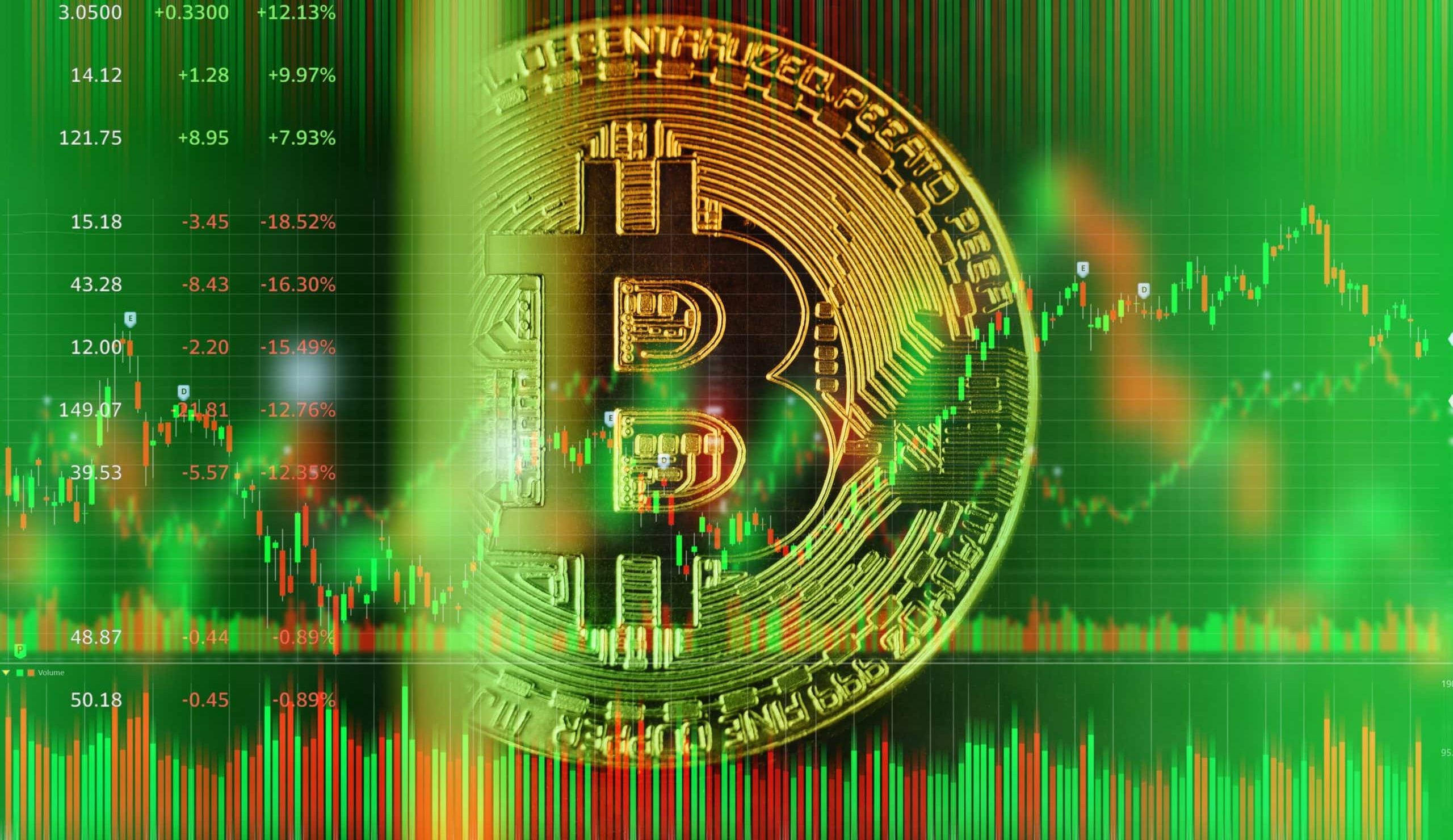 Ein goldenes Bitcoin-Symbol hebt sich vor einem Hintergrund aus grünen und roten Candlestick-Charts ab, die dynamische Bitcoin-Marktdaten hervorheben.