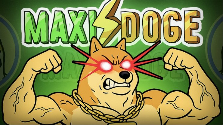 Ein muskulöser Cartoon-Hund mit glühend roten Augen schwingt seine Arme unter dem Titel MAXIDOGE in fetten grünen und goldenen Buchstaben auf grünem Hintergrund und verkörpert den viralen Kult des Maxi Doge als einzigartige Dogecoin-Alternative.
