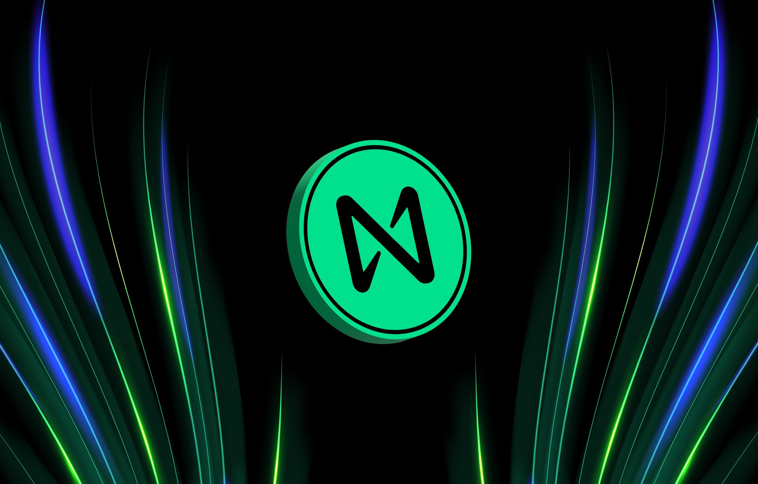 Eine grüne Münze mit einem schwarzen stilisierten N-Symbol, das für das Nahprotokoll steht, befindet sich in der Mitte auf einem schwarzen Hintergrund mit blauen und grünen Lichtstreifen an den Seiten.