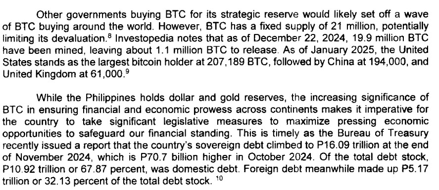 phillipinisches-gesetz-bitcoin-reserve Auszug über die globalen Bitcoin-Reserven, Angebotsdaten und die Strategie der Philippinen für gesetzgeberische Maßnahmen und die Zusammensetzung der Schulden ab Ende 2024, wobei hervorgehoben wird, wie Bitcoin in die nationale Finanzplanung einfließt.