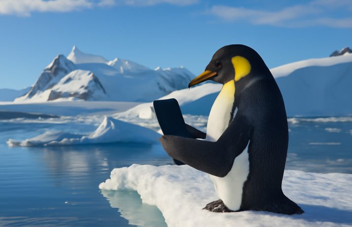 Ein pummeliger Pinguin steht auf dem Eis vor verschneiten Bergen und scheint ein Smartphone-ähnliches Gerät zu halten und zu untersuchen.
