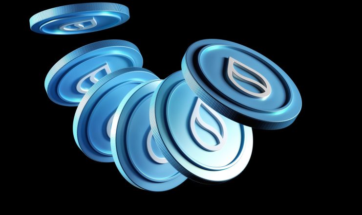 Ein Stapel blauer SUI-Digitalmünzen mit einem Blattsymbol, dargestellt in einer dynamischen Anordnung auf schwarzem Hintergrund.