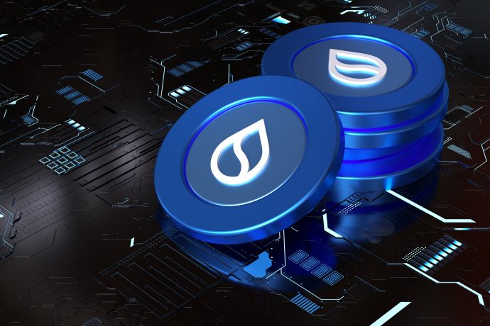 Mehrere blaue SUI-Digitalmünzen mit einem weißen Blattsymbol sind gestapelt und auf einem dunklen, futuristischen Leiterplattenhintergrund dargestellt.