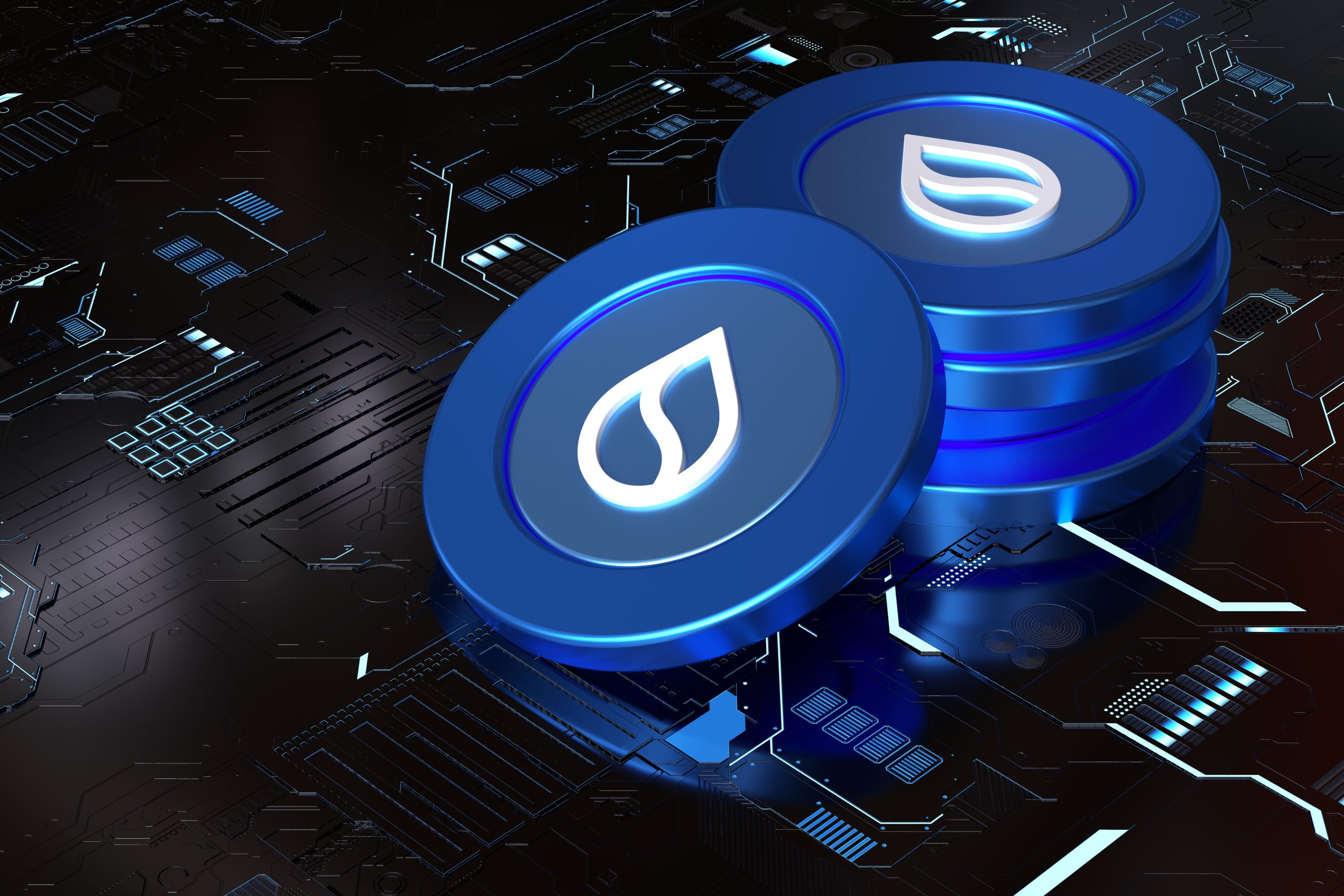 Mehrere blaue SUI-Digitalmünzen mit einem weißen Blattsymbol sind gestapelt und auf einem dunklen, futuristischen Leiterplattenhintergrund dargestellt.