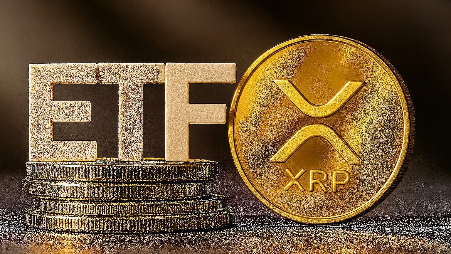 Goldmünzen, gestapelt neben großen Buchstaben mit der Aufschrift ETF und einer Goldmünze mit dem Logo der Kryptowährung Ripple (XRP).