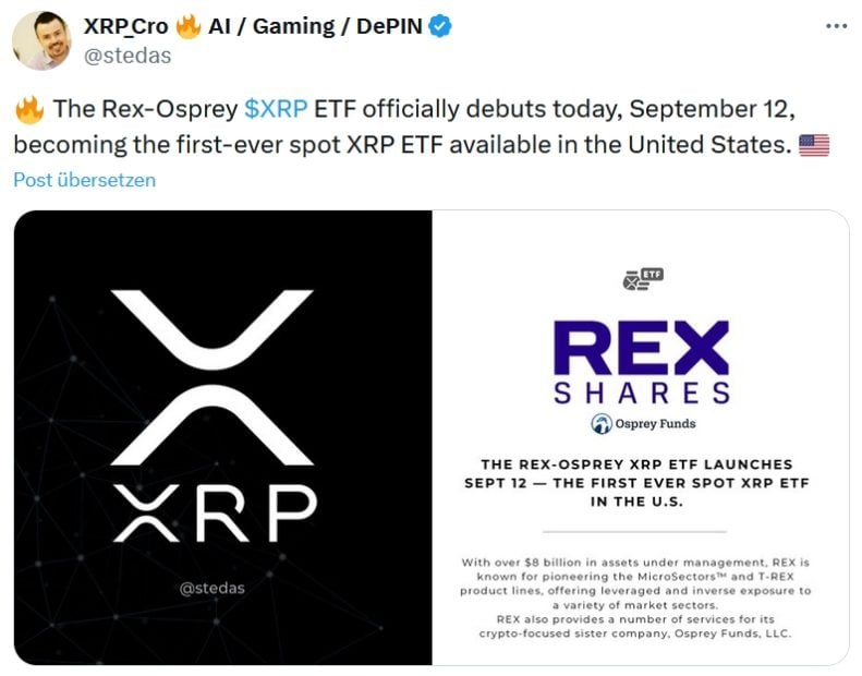 Ein Tweet kündigt den Start des Rex-Osprey XRP ETF in den USA am 12. September an und zeigt die Logos von XRP und Rex-Aktien nebeneinander.