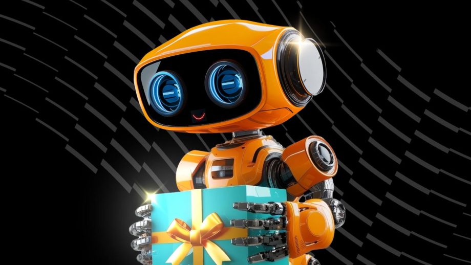 Ein lächelnder orangefarbener Roboter hält eine blaue Bybit-Geschenkbox mit einer gelben Schleife vor einem schwarzen Hintergrund mit diagonalen Linien.