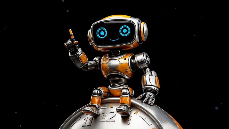 Ein kleiner orange-silberner Roboter mit einem lächelnden Gesicht sitzt auf einer runden Bybit-Uhr vor einem schwarzen Hintergrund und hebt einen Finger, als wolle er etwas sagen.