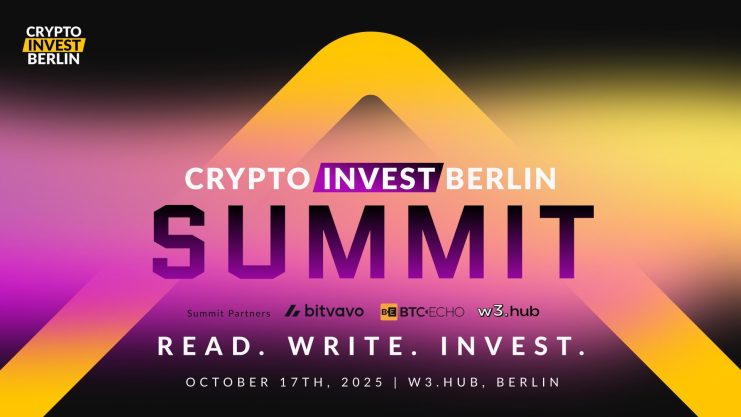 Werbegrafik für den Crypto Invest Berlin Summit, der am 17. Oktober 2025 im W3.Hub in Berlin stattfindet, mit aufgelisteten Gipfelpartnern.