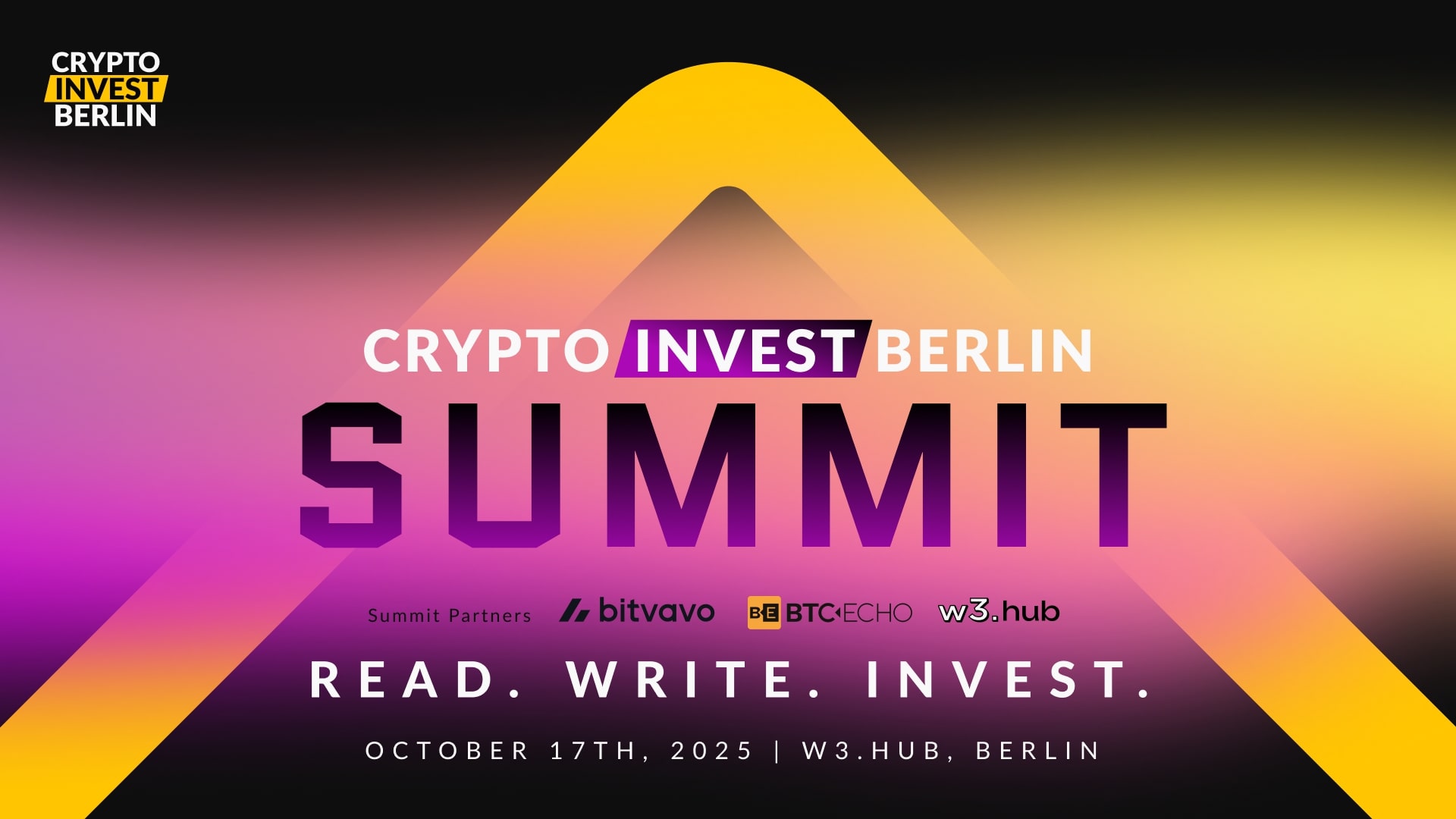 Werbegrafik für den Crypto Invest Berlin Summit, der am 17. Oktober 2025 im W3.Hub in Berlin stattfindet, mit aufgelisteten Gipfelpartnern.