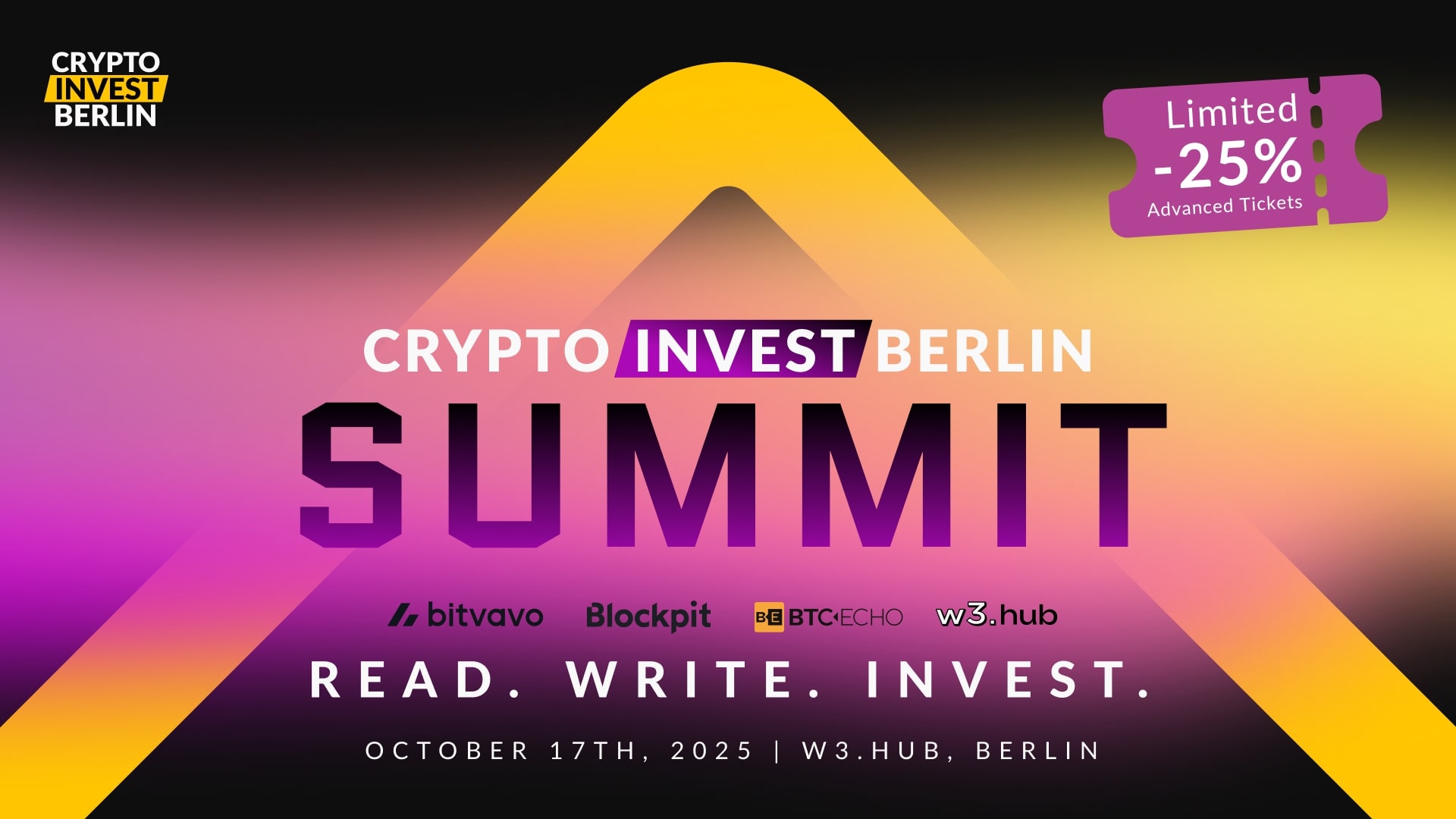 Werbegrafik für den Crypto Invest Berlin Summit am 17. Oktober 2025, mit Sponsorenlogos und einem Vorverkaufsangebot von -25%.