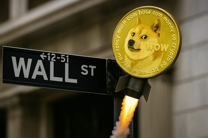 Ein Wall-Street-Schild mit einem raketenbetriebenen Dogecoin, der das Shiba-Inu-Memo zeigt, scheint daneben in die Höhe zu schießen - ein Hinweis auf die Aufregung um den Dogecoin-ETF.