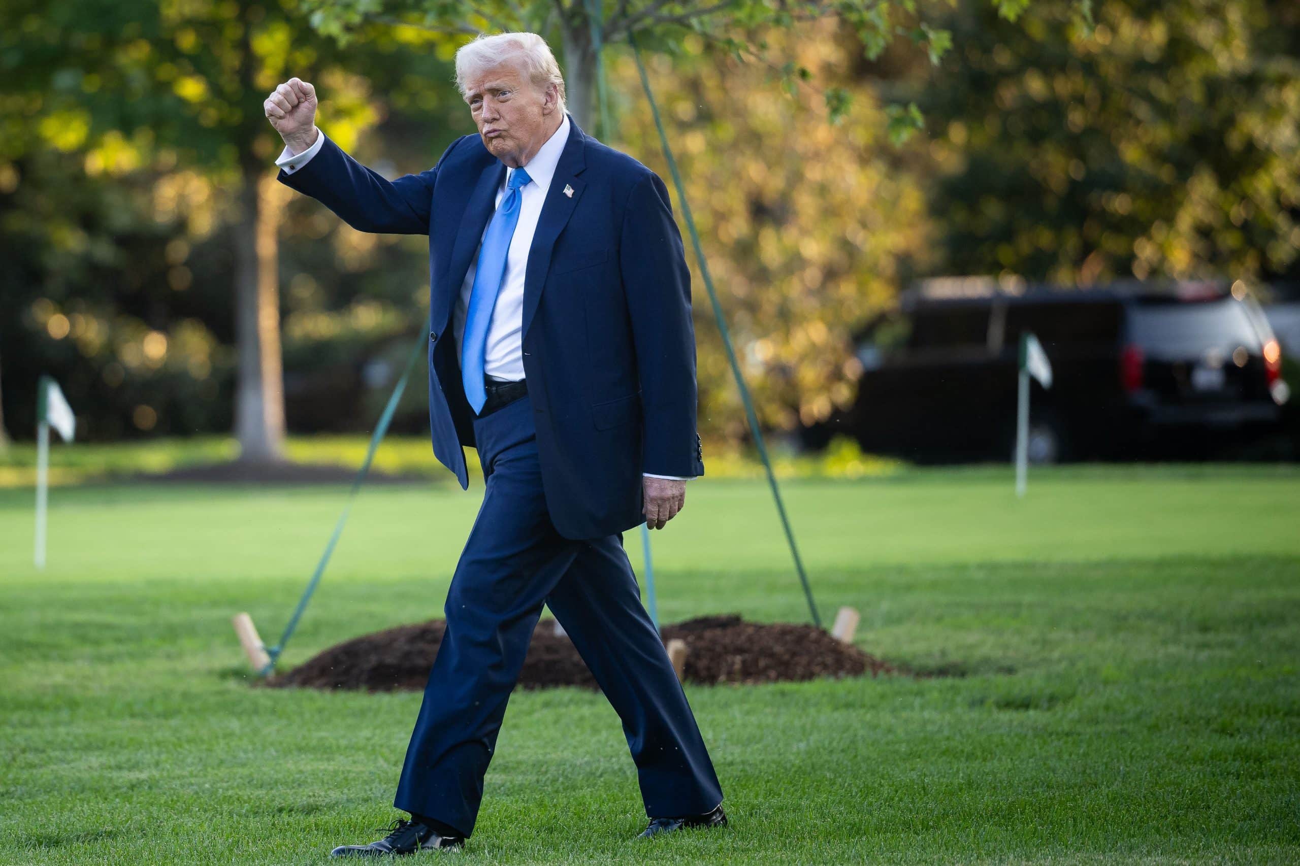 Donald Trump im Anzug und mit blauer Krawatte geht auf einem grasbewachsenen Rasen und reckt die Faust in die Höhe; im Hintergrund sind Bäume und ein geparktes Fahrzeug zu sehen, was an eine klassische Szene aus den USA erinnert.