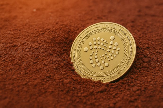 Eine goldene IOTA-Kryptowährungsmünze steht aufrecht auf einer Fläche aus rötlich-brauner Erde und symbolisiert die Verbindung von IOTA zu geerdeter Innovation.
