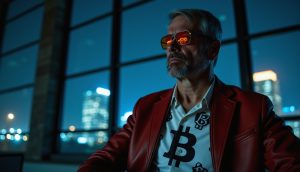 Michael Saylor, Gründer von MicroStrategy, mit roter Jacke und Sonnenbrille, der ein Hemd mit Bitcoin-Symbolen trägt, sitzt nachts in einem Haus, in dem die Lichter der Stadt durch große Fenster hinter ihm sichtbar sind.