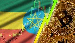 Äthiopische Flagge und Aktienchart auf der linken Seite, aufsteigender grüner Pfeil in der Mitte und Bitcoin-Münzen mit Handelsdaten auf der rechten Seite, die das Wachstum der Kryptowährung und den Bitcoin-Preis von über 20.000 US-Dollar in Äthiopien hervorheben.
