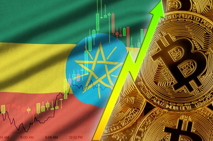Äthiopische Flagge und Aktienchart auf der linken Seite, aufsteigender grüner Pfeil in der Mitte und Bitcoin-Münzen mit Handelsdaten auf der rechten Seite, die das Wachstum der Kryptowährung und den Bitcoin-Preis von über 20.000 US-Dollar in Äthiopien hervorheben.