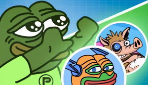 Cartoon-Frosch mit erhobenem Arm auf der linken Seite und zwei kreisförmige Icons auf der rechten Seite, die einen Roboterfrosch und ein stilisiertes Tier mit einem Spiralauge zeigen, vor einem Hintergrund mit blauem und grünem Farbverlauf, der von der Welt der Altcoins inspiriert ist.