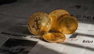 Goldene Bitcoin- und Ethereum-Münzen liegen auf einer Zeitung – Symbol für Krypto-Journalismus