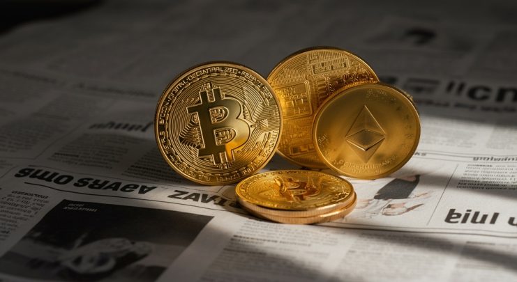 Goldene Bitcoin- und Ethereum-Münzen liegen auf einer Zeitung – Symbol für Krypto-Journalismus