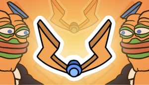 Eine Illustration mit zwei Frosch-Cartoon-Figuren in orangefarbenen Mech-Anzügen, die einem stilisierten, orangefarbenen mechanischen Emblem auf einem orangefarbenen Hintergrund gegenüberstehen, inspiriert von der Aufregung des Bitcoin Hyper Presale.