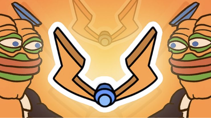 Eine Illustration mit zwei Frosch-Cartoon-Figuren in orangefarbenen Mech-Anzügen, die einem stilisierten, orangefarbenen mechanischen Emblem auf einem orangefarbenen Hintergrund gegenüberstehen, inspiriert von der Aufregung des Bitcoin Hyper Presale.