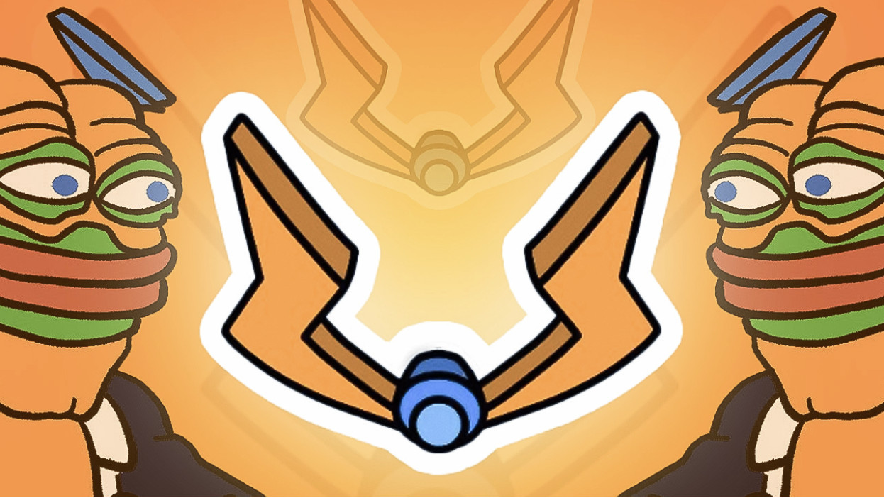 Eine Illustration mit zwei Frosch-Cartoon-Figuren in orangefarbenen Mech-Anzügen, die einem stilisierten, orangefarbenen mechanischen Emblem auf einem orangefarbenen Hintergrund gegenüberstehen, inspiriert von der Aufregung des Bitcoin Hyper Presale.