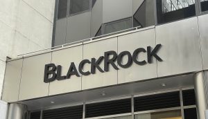 An der Außenseite eines Gebäudes ist ein Metallschild angebracht, auf dem in großen schwarzen Buchstaben der Name Blackrock zu lesen ist.