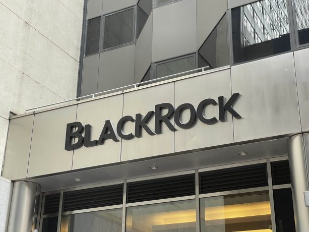 An der Außenseite eines Gebäudes ist ein Metallschild angebracht, auf dem in großen schwarzen Buchstaben der Name Blackrock zu lesen ist.