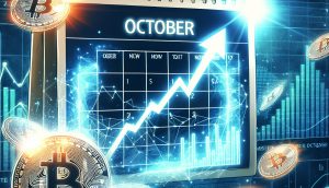 Eine digitale Illustration eines Kalenders, der auf Oktober eingestellt ist, mit Bitcoin-Symbolen und einer aufwärts gerichteten Grafik, die eine möglichen Bitcoin-Preisanstieg in diesem Monat hindeutet.