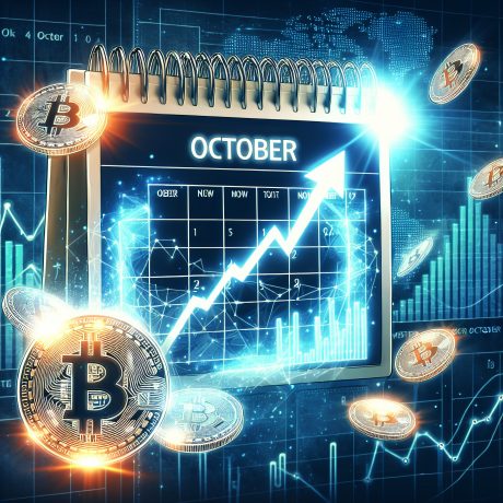 Eine digitale Illustration eines Kalenders, der auf Oktober eingestellt ist, mit Bitcoin-Symbolen und einer aufwärts gerichteten Grafik, die eine möglichen Bitcoin-Preisanstieg in diesem Monat hindeutet.