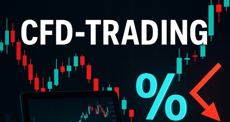 Das Bild zeigt den Text CFD-Trading über einem Hintergrund aus Candlestick-Diagrammen, einem Prozentsymbol und einem roten Abwärtspfeil, der die wichtigsten Konzepte des CFD-Trading auf dem Finanzmarkt visuell darstellt.