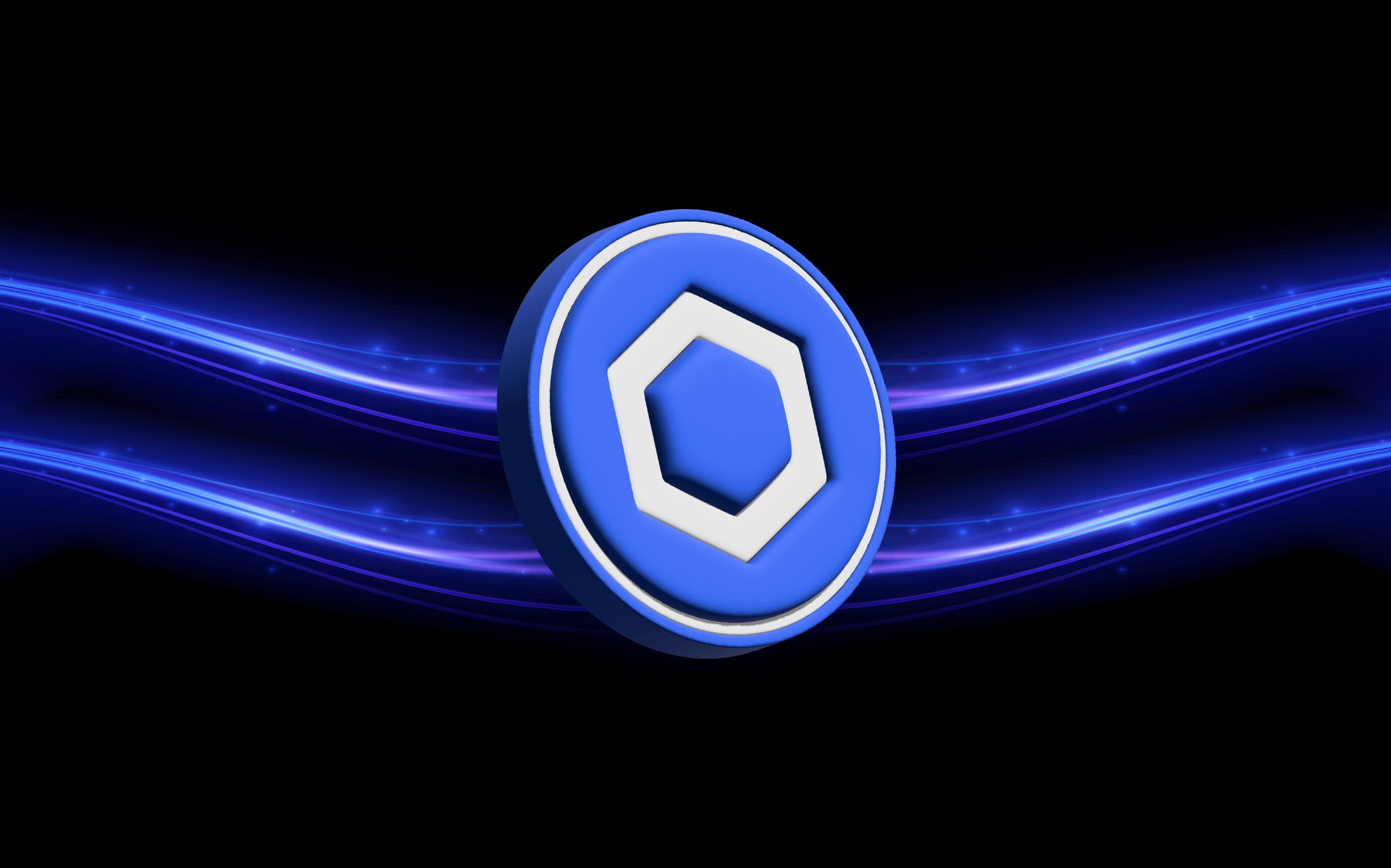 Ein blaues, kreisförmiges Chainlink-Token mit einem weißen Sechseck in der Mitte schwebt vor geschwungenen, leuchtenden blauen und violetten Linien auf einem schwarzen Hintergrund.
