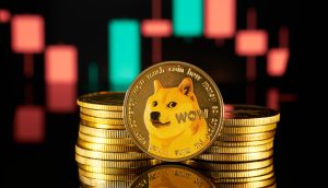Ein Stapel Dogecoin-Token mit dem Shiba Inu-Logo sitzt vor einem unscharfen Candlestick-Diagramm, das die Präsenz von Dogecoin auf dem Kryptowährungsmarkt hervorhebt.