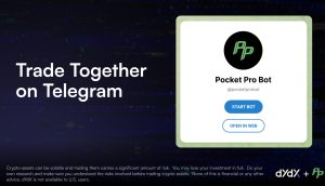 Eine Werbegrafik für Pocket Pro Bot auf Telegram Trading, die Optionen zum Starten des Bots oder zum Öffnen im Web zeigt, mit einem US-Dollar-Wettbewerb und einem Haftungsausschluss für das Handelsrisiko darunter.