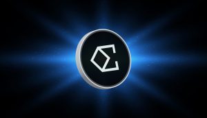 In der Mitte ist eine schwarze Münze mit einem weißen geometrischen Ethena-Symbol abgebildet, umgeben von einem blau leuchtenden Lichteffekt auf dunklem Hintergrund.