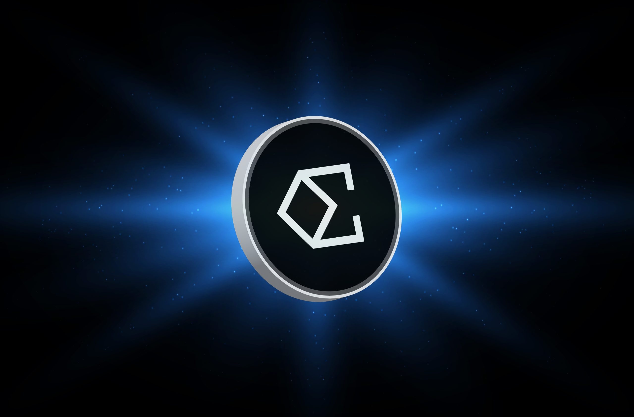 In der Mitte ist eine schwarze Münze mit einem weißen geometrischen Ethena-Symbol abgebildet, umgeben von einem blau leuchtenden Lichteffekt auf dunklem Hintergrund.