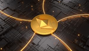 Eine goldene Ethereum-Münze befindet sich in der Mitte einer dunklen, kreisförmigen Oberfläche mit leuchtenden orangefarbenen Linien und kleinen Lichtern, die nach außen strahlen und die Stärke des Ethereum-Netzwerks symbolisieren.