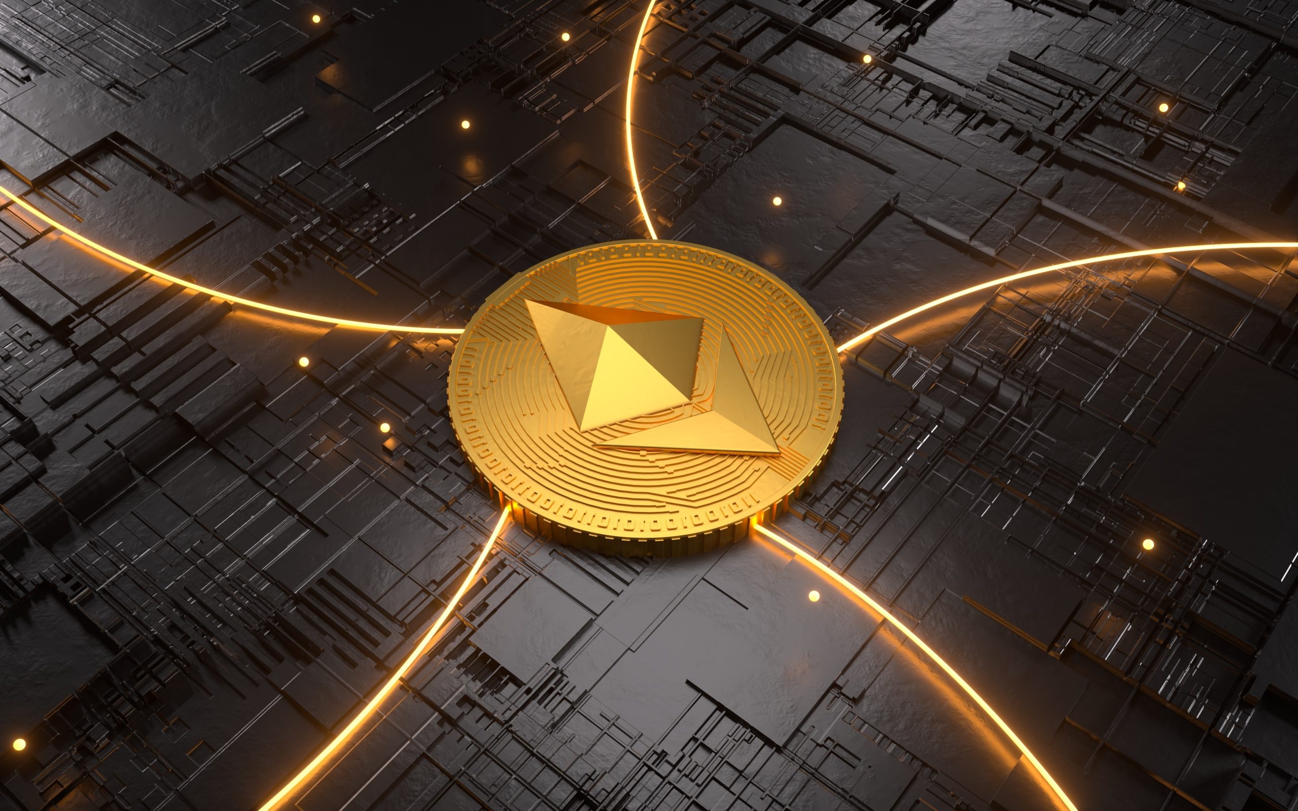 Eine goldene Ethereum-Münze befindet sich in der Mitte einer dunklen, kreisförmigen Oberfläche mit leuchtenden orangefarbenen Linien und kleinen Lichtern, die nach außen strahlen und die Stärke des Ethereum-Netzwerks symbolisieren.